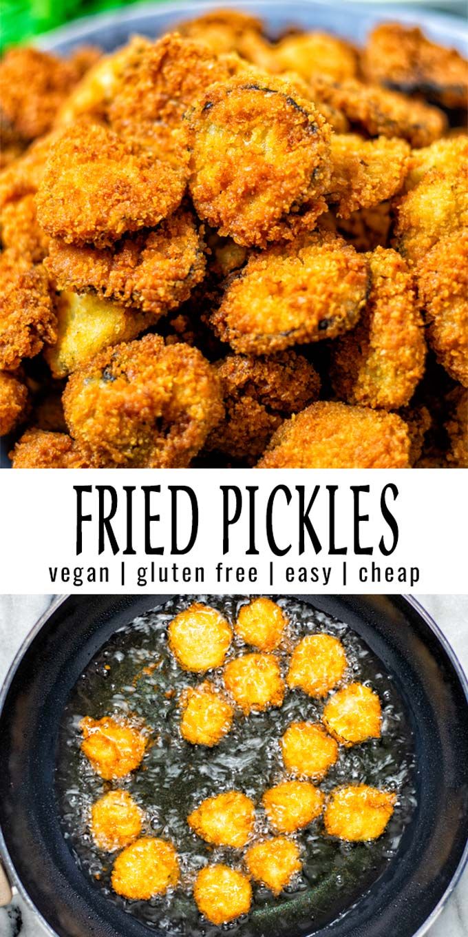 fried pickles in a frying pan and on the side, with text overlay that reads fried pickles vegan i gluten red easy