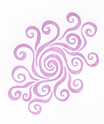 a drawing of a spiral design in pink ink on white paper with watercolor pencils