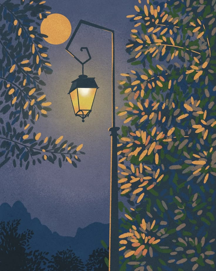 a street light sitting next to a tree with leaves on it and a full moon in the background