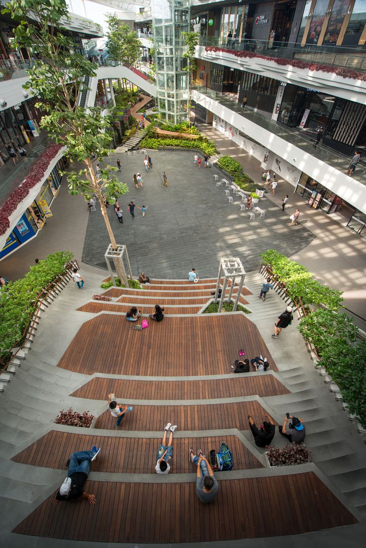 an overhead view of people sitting and walking on stairs