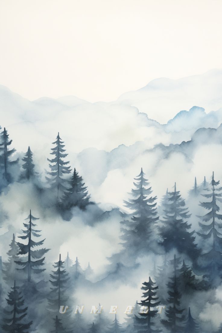 a painting of trees in the middle of a foggy forest with mountains in the background