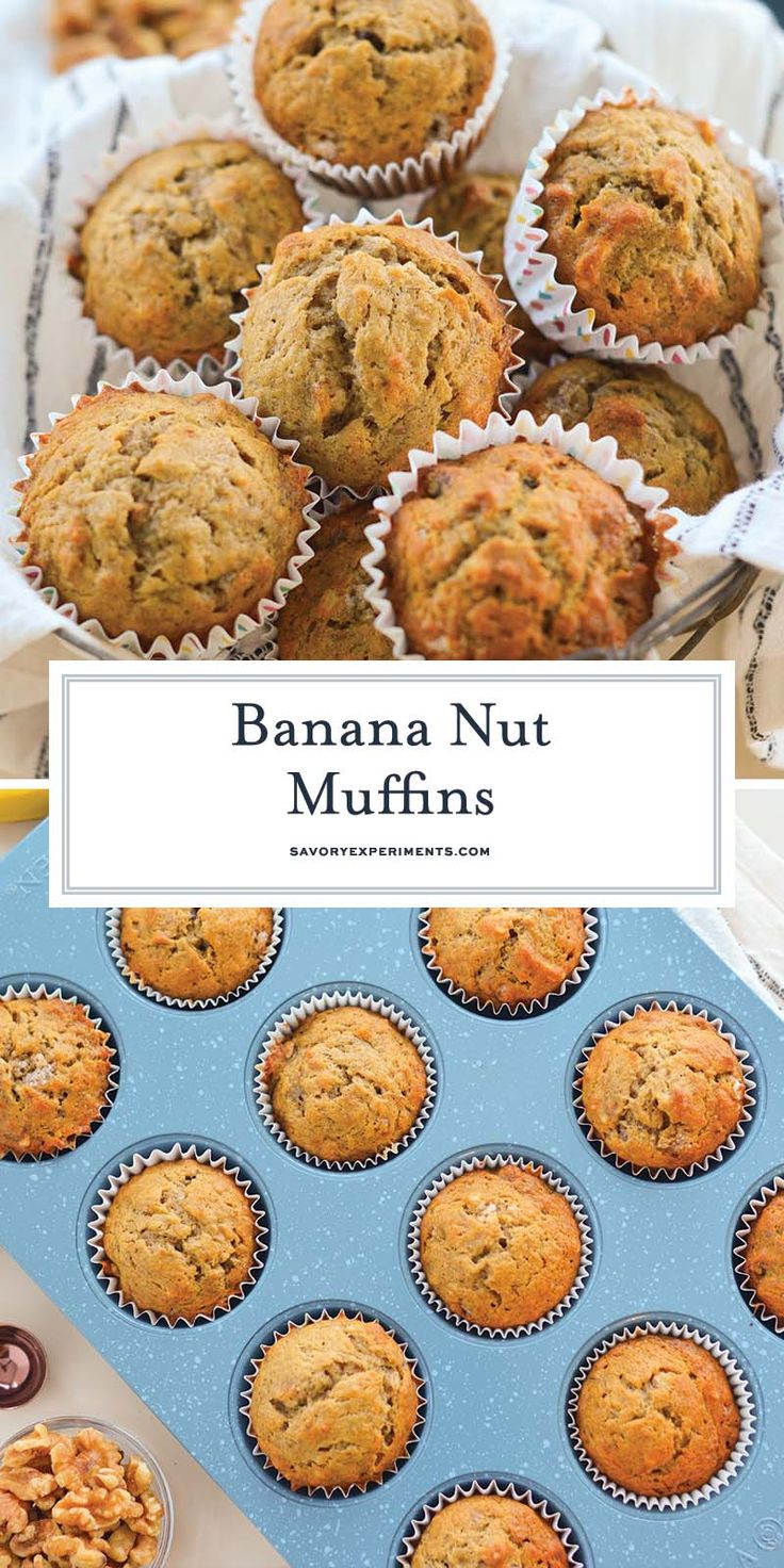 banana nut muffins are sitting on top of a blue tray next to other muffins