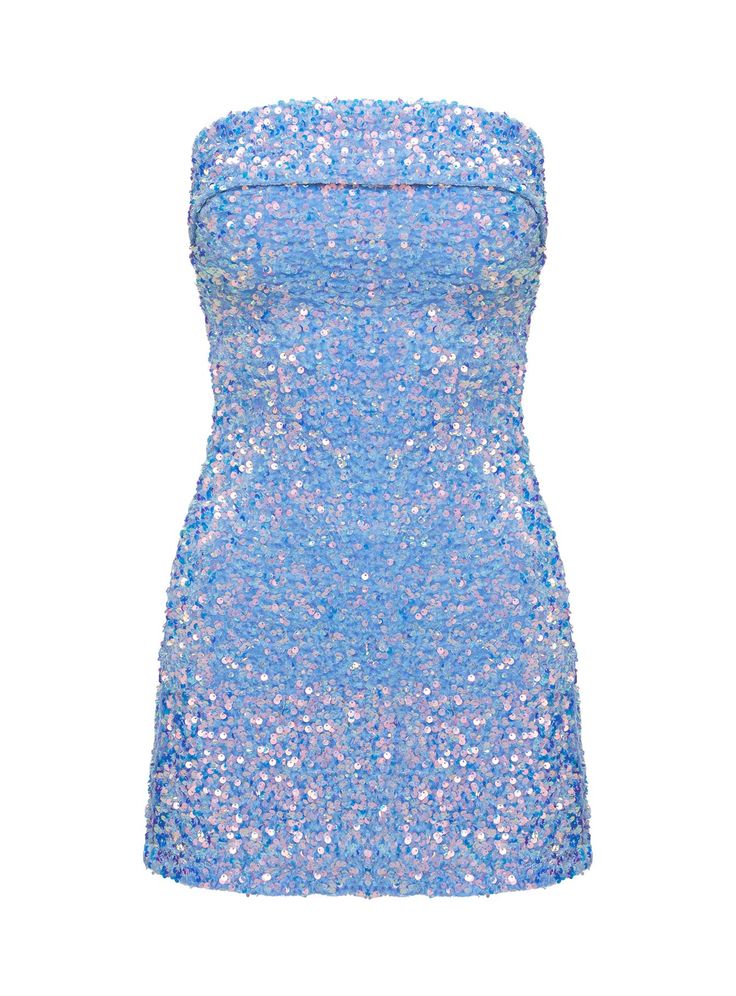 Sequin mini dress  Strapless, folded detailing at bust, inner silicone strip at bust, adjustable band at back, partially open back, invisible zip fastening at back   Non-stretch material, fully lined  Princess Polly Lower Impact  Face: 100% reclaimed PET, Backing: 98% polyester 2% elastane, Lining: 95% reclaimed polyester 5% elastane   Cold hand wash inside out Light Blue Stretch Backless Dress, Stretch Light Blue Mini Dress, Blue Mini Backless Dress For Night Out, Light Blue Stretch Mini Dress, Blue Backless Mini Dress For Night Out, Blue Mini Dress With Straight Neckline, Light Blue Stretch Strapless Dress, Stretch Light Blue Strapless Dress, Blue Stretch Strapless Dress For Party