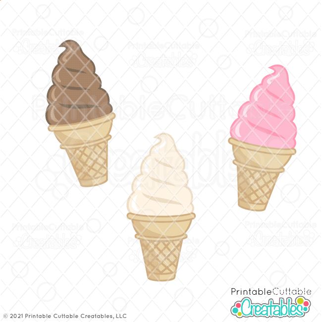 three ice cream cones with different flavors and colors on them, one is pink, one is