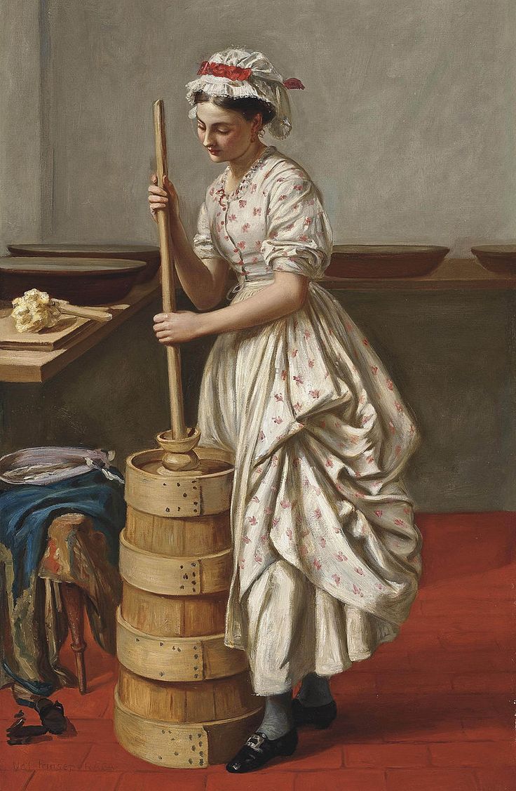 a painting of a woman leaning on a barrel with a wooden stick in her hand