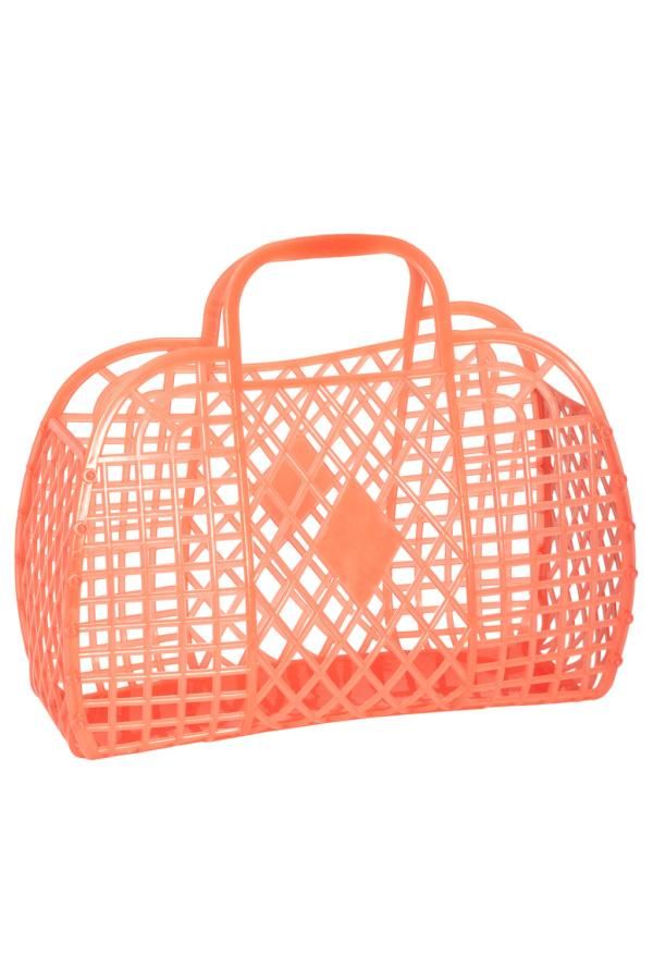 an orange plastic basket with handles on the top and bottom, in front of a white background