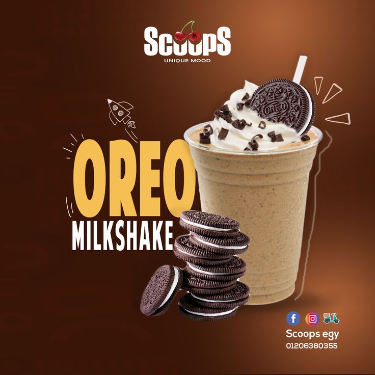 an advertisement for oreo milkshake with cookies and ice cream in it on a brown background