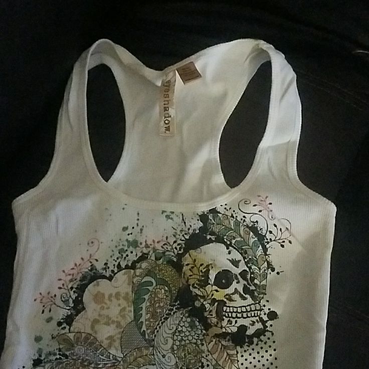 Cute Eyeshadow Tee Shirt( Nwot ) Never Worn 100% Cotton Casual Skull Print Tops For Summer, White Printed Cotton Tops, White Tank T-shirt For Spring, White Casual Tank T-shirt, Trendy Skull Print Top For Spring, White Skull Print Shirt For Summer, Fitted Skull Print Tops For Summer, Fitted Skull Print Top For Summer, White Shirt With Skull Print For Summer