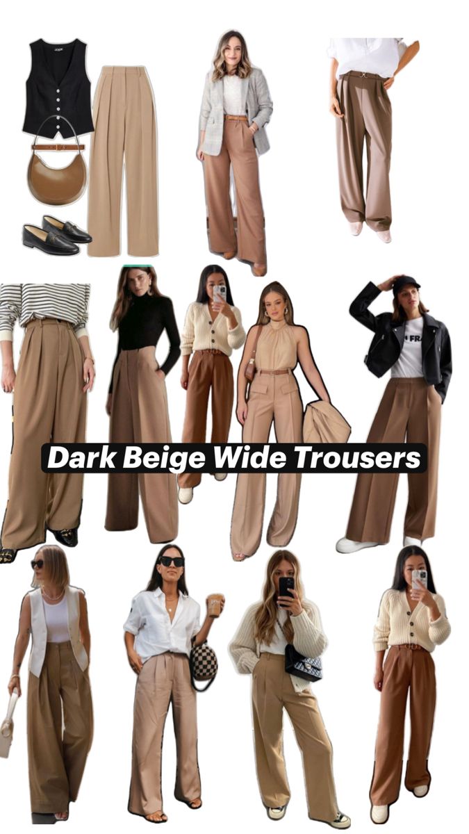 These wide leg trouser looks are for all the body type What Shoes With Wide Leg Trousers, Light Brown Wide Leg Pants Outfit, Tan Pant Outfit, Wide Leg Trousers Shoes, Camel Wide Leg Trousers Outfit, Trousers Beige Outfit, Beige Wide Pants Outfit, Dark Beige Pants Outfit, Wide Leg Tan Pants Outfit