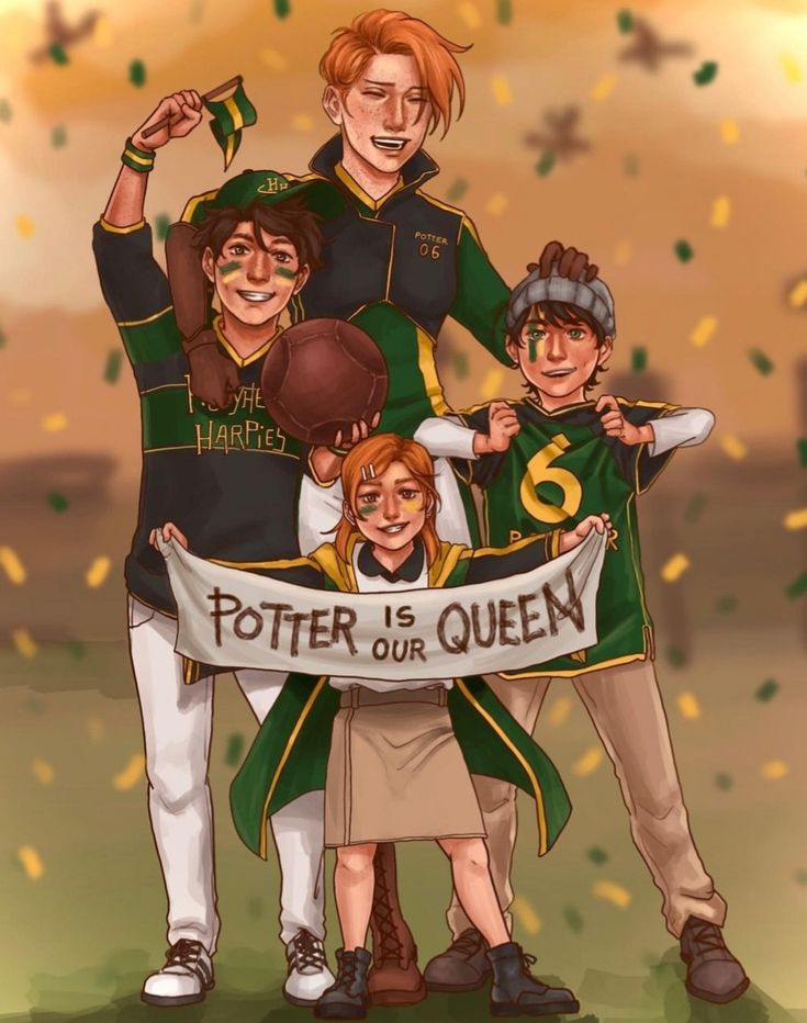 a group of people holding a banner that says potter is queen and harry is her