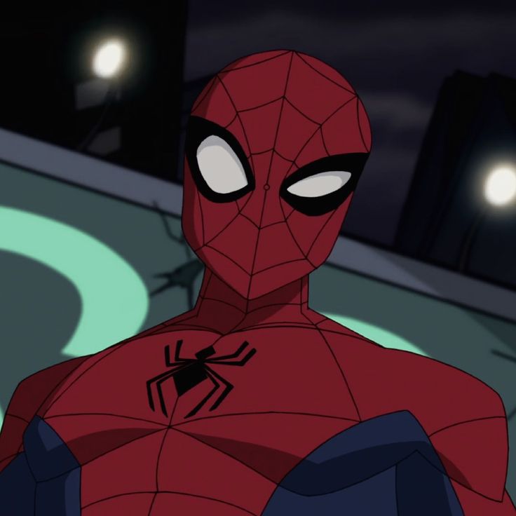 a spider - man with glowing eyes stares into the distance