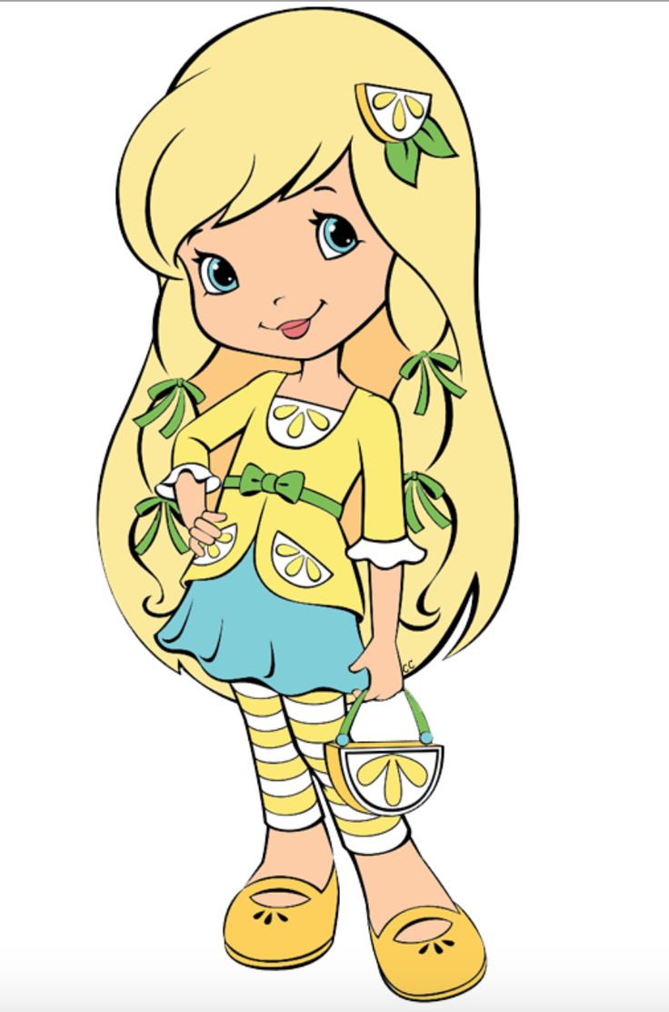 a cartoon girl with long blonde hair holding a bag and wearing yellow shoes, standing in front of a white background