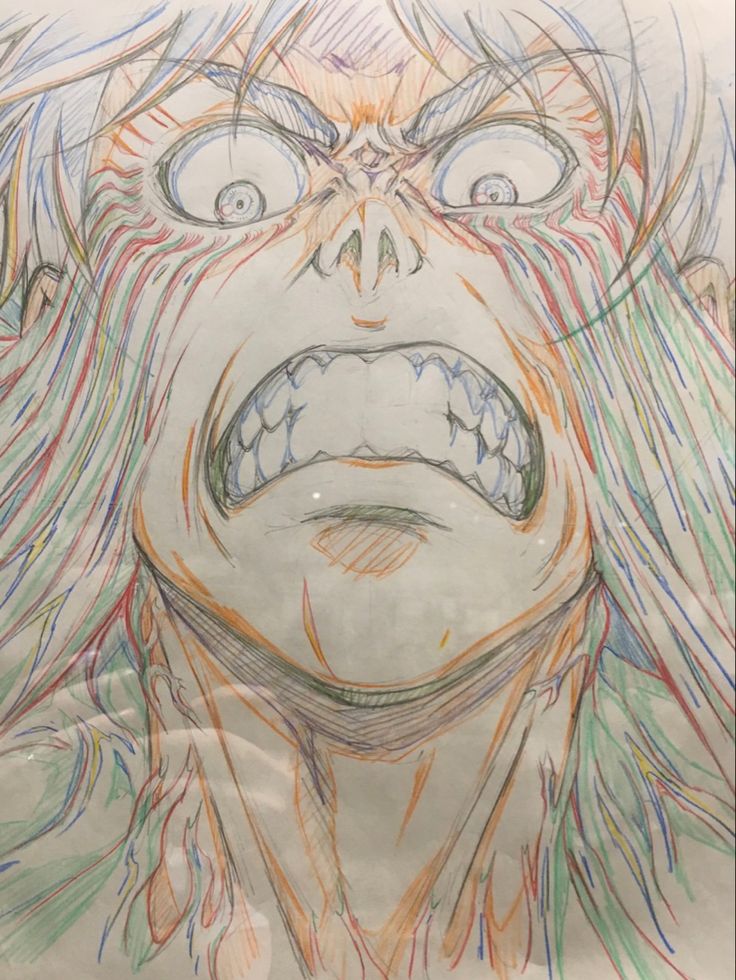 a drawing of an evil looking person with long hair and big eyes, drawn by colored pencils