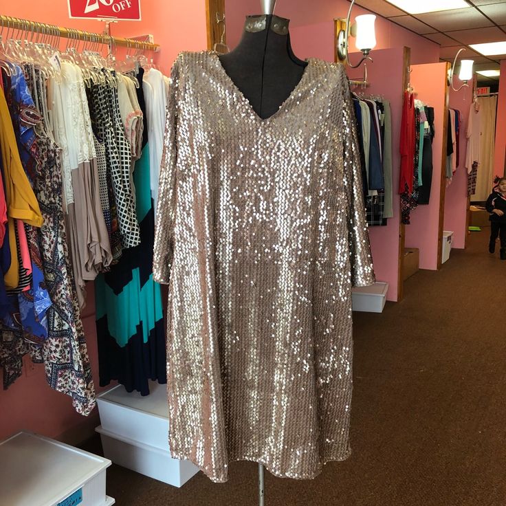 Glamorous Gold Party Dress ... *Small Hole In Neckline* Dressy V-neck Holiday Dresses, Embellished Party Wear Dresses For Cocktail, Sequin Cocktail Dress Party Wear, Sequin Dresses For Night Out Party, Sequined Cocktail Party Dress, Sequin Cocktail Party Dress, Sequin Party Dresses For Night Out, Dressy V-neck Sequin Dress For Party Season, Champagne Sequin Dressy Dresses