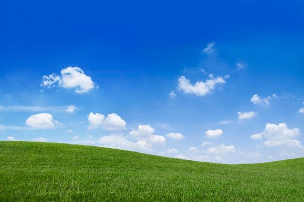 a green field with blue sky and clouds