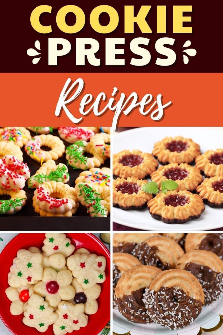 cookies and desserts are featured in this collage with the words, cookie press recipes