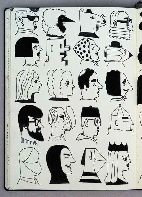 an open book with black and white drawings on it's cover, featuring heads of people