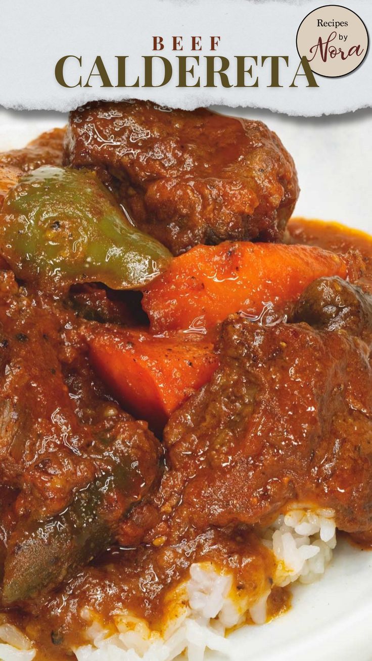 beef and vegetable stew served on rice in a white bowl with the words beet caldereta above it