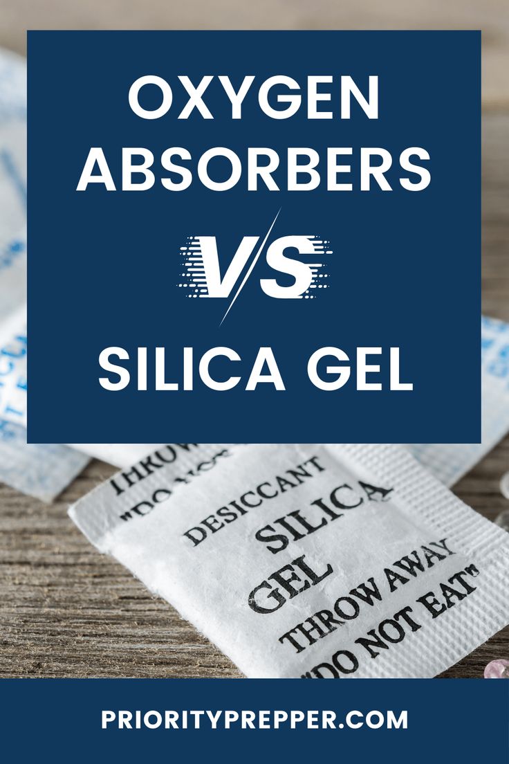 oxygen absorber vs silica gel on a table with the words oxygen absorbers versus silica gel