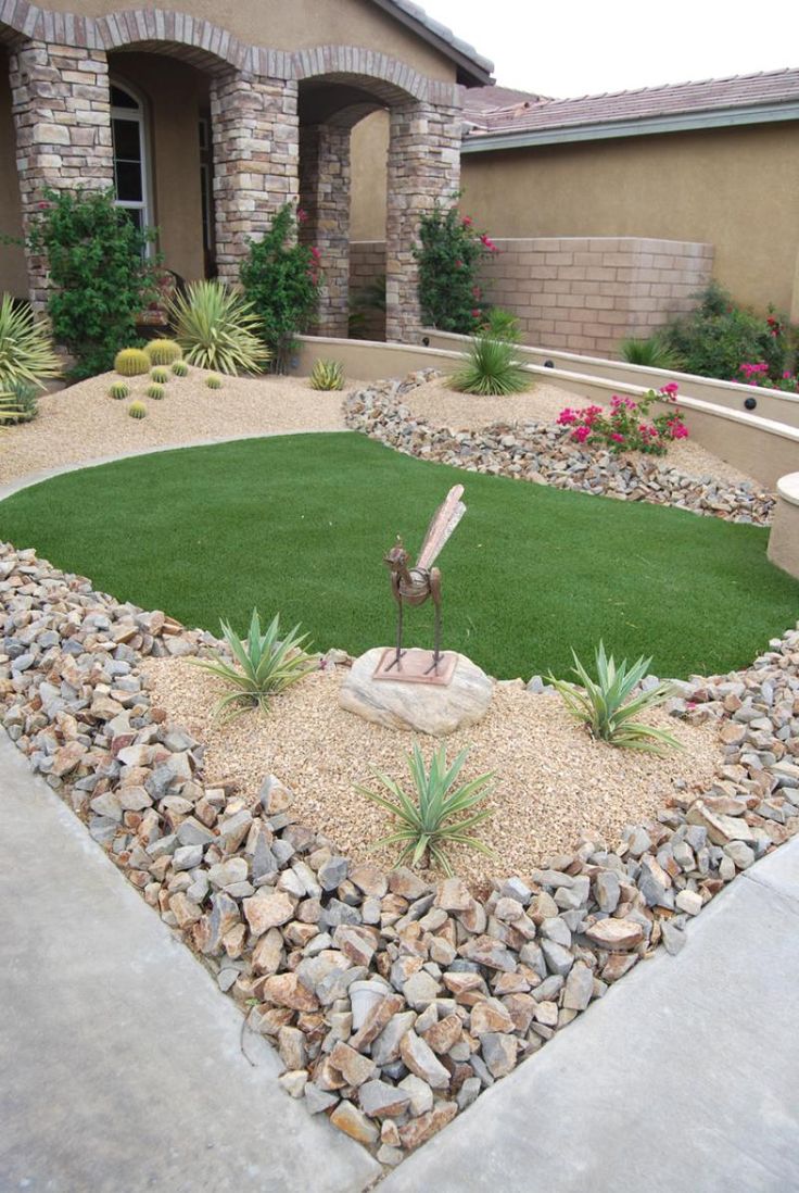 a small yard with grass and rocks in it