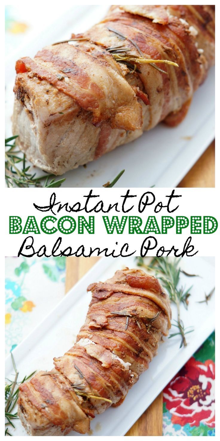 bacon wrapped pork on a white plate with rosemary sprigs and text overlay