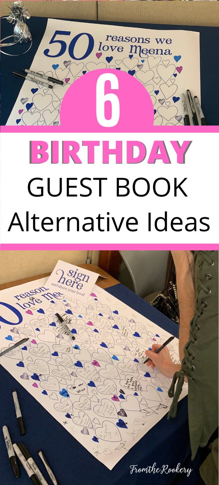 a birthday guest book with writing on it and the title overlay reads, 6 birthday guest book alternative ideas