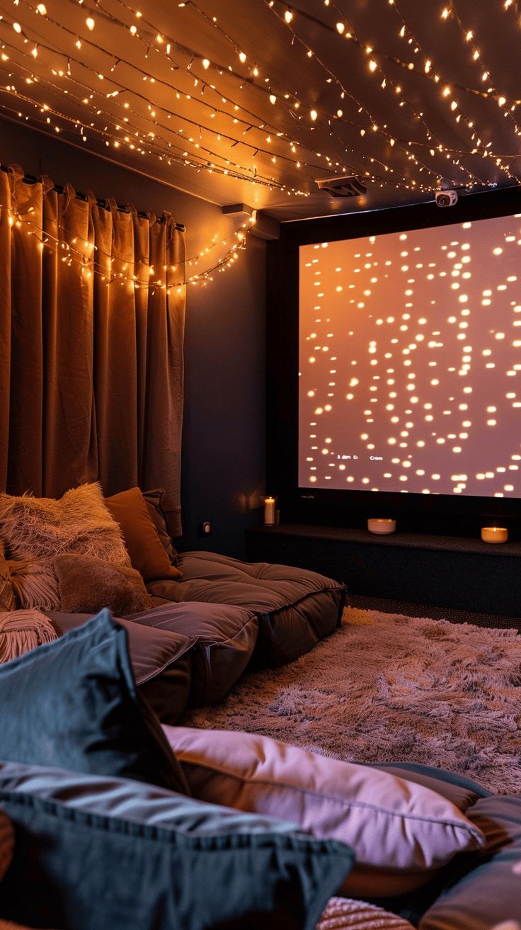 a large screen in the middle of a room with pillows on it and lights hanging from the ceiling