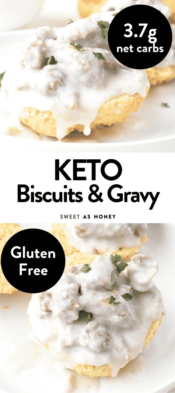 keto biscuits and gravy on a white plate with the words, 3 7g net carbs