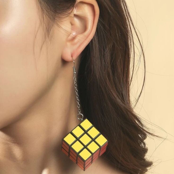 This Fun And Flirty Pair Of Drop Earrings Is A Wonderful Addition To Your Wardrobe And Your Style! This Unique Pair Is Sure To Get Lots Of Compliments! Cube Earrings, Puzzle Cube, Cube Puzzle, Earrings Accessories, Etsy Earrings Dangle, Shein Style, Cute Earrings, Fourth Of July, Green Yellow