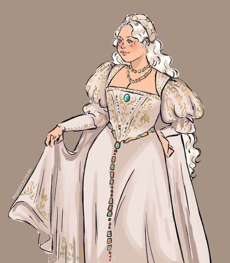 a drawing of a woman in a white dress with gold trimmings and pearls