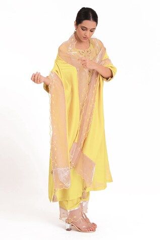 Pastel yellow kurta with embroidered banarasi jacquard tissue yoke. Paired with a slub silk pant and chanderi dupatta with scalloped tissue detailing. - Aza Fashions Fitted Yellow Cotton Silk Kurta, Yellow Palazzo Set With Dabka For Navratri, Yellow Dabka Palazzo Set For Navratri, Navratri Yellow Dabka Palazzo Set, Yellow Palazzo Set With Straight Kurta And Pallu, Yellow Palazzo Set With Dabka Straight Kurta, Yellow Palazzo Set For Diwali, Yellow Silk Salwar Kameez With Chikankari Embroidery, Yellow Silk Salwar Kameez With Gota Work