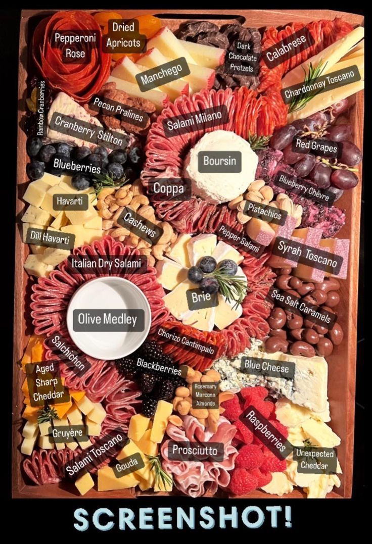 a wooden tray filled with lots of different types of cheese and meats on top of it