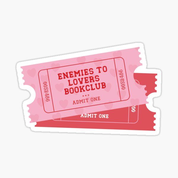 two pink tickets with the words, emmies to lovers book club admit one sticker