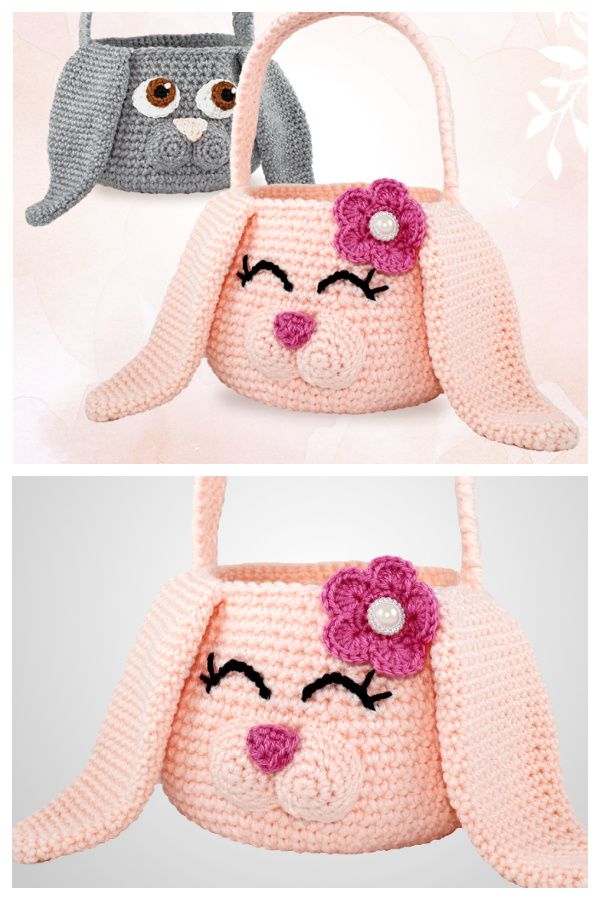 two crocheted purses, one with a flower on it and the other with a cat's face