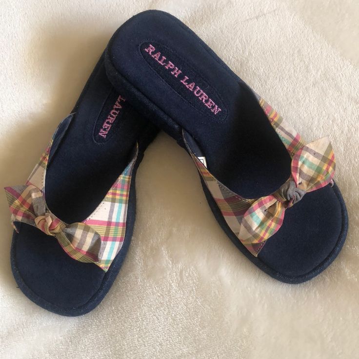 Super Cute Gingham Ralph Lauren Sandals Blue Suede With Pink Lettering And Denim Sides Multi Colored Gingham Bows Size 5 Pf/Sf Home Casual Sandals For Spring Picnic, Casual Open Toe Sandals For Picnic, Casual Spring Picnic Sandals, Casual Round Toe Sandals For Picnic, Casual Blue Fabric Sandals, Blue Fabric Sandals With Round Toe, Blue Fabric Sandals For Spring, Casual Fabric Slippers For Spring, Blue Fabric Round Toe Sandals