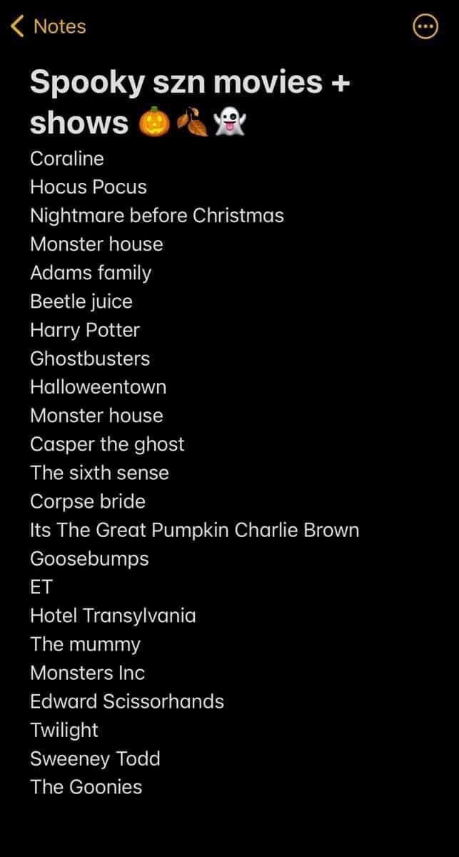 the list for spooky sn movies and shows is shown in this screenshot