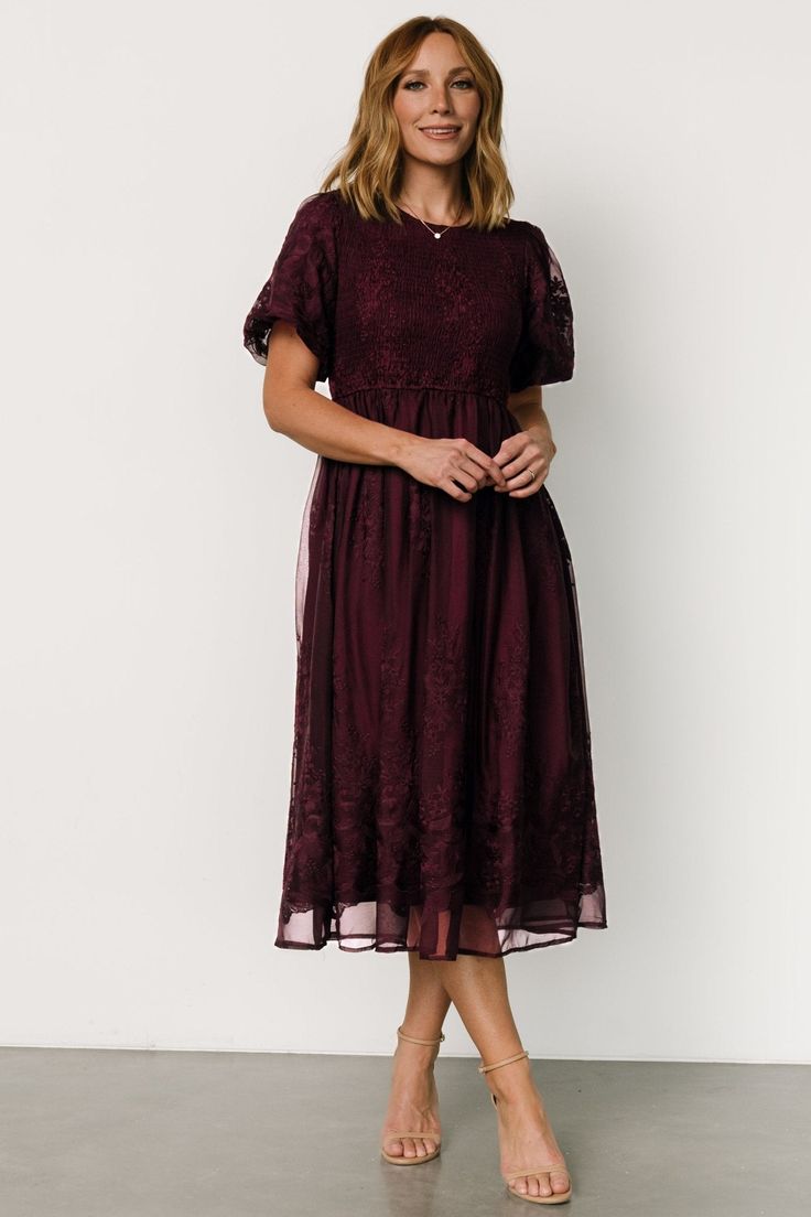 Corrine Embroidered Midi Dress | Mulberry Red Wine Dress, Cocktail Jumpsuit, Cottagecore Dresses, Mulberry Color, Wine Dress, Baltic Born, Embroidered Midi Dress, Midi Length Skirts, Velvet Fashion