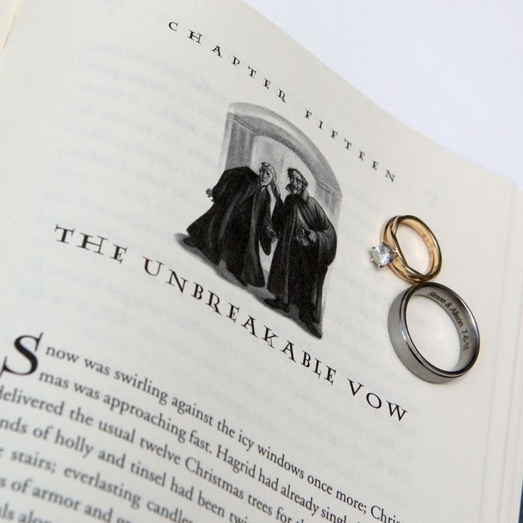 two wedding rings sitting on top of an open book with the words, the unbreakable vows