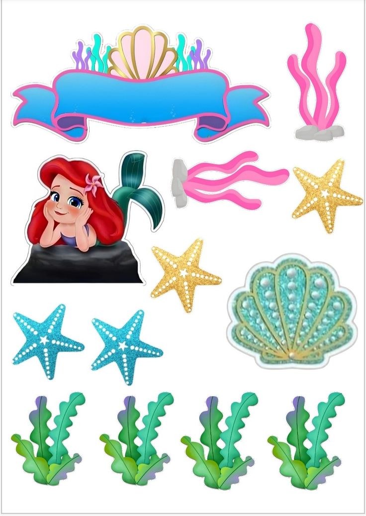 the little mermaid stickers are set on top of some seaweed and starfish