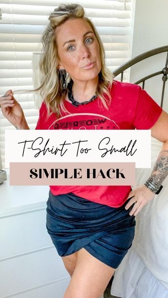 a woman sitting on top of a bed next to a white wall with the words, t - shirt too small simple hack