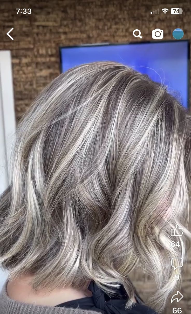 Ash Blonde Grey Highlights, Grey Foils, Light Brown Hair With Silver Highlights Platinum Blonde, Dark Blonde Grey Blending, Light Brown Hair With Platinum Highlights Ash Blonde, Blonde Older Women, Silver Ash Blonde Hair, Grey Blonde Hair Ashy Highlights, Grey Hair Blending