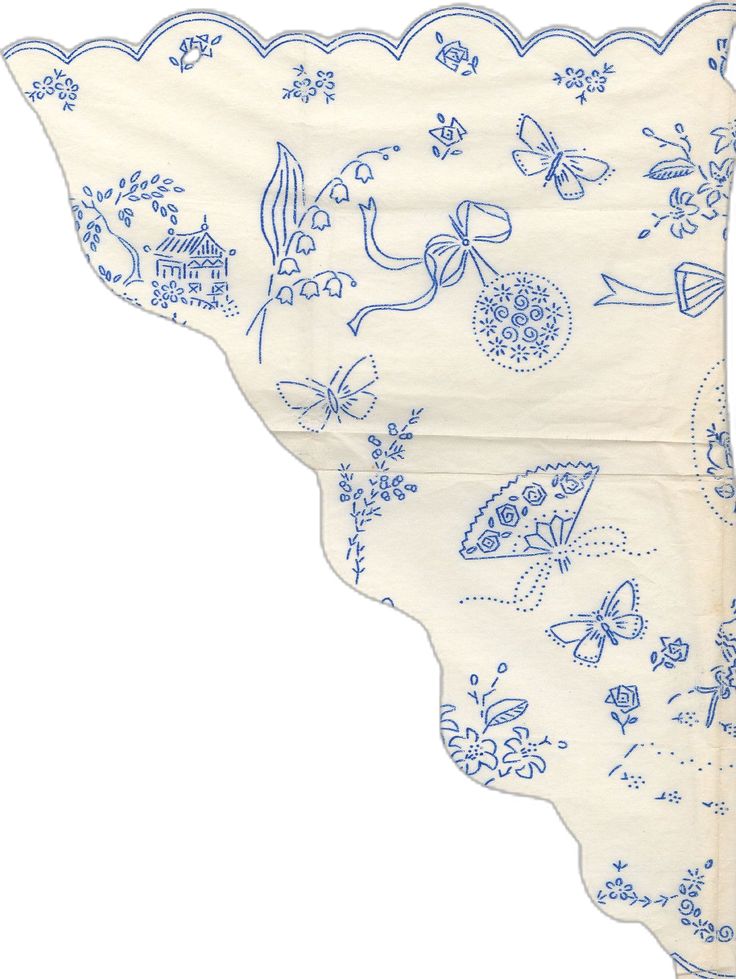 a blue and white handkerchief with an image of flowers, butterflies and other things on it