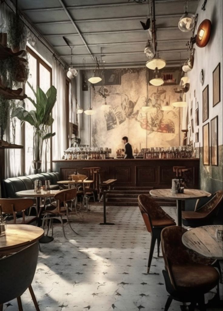 the interior of a restaurant with wooden tables and chairs