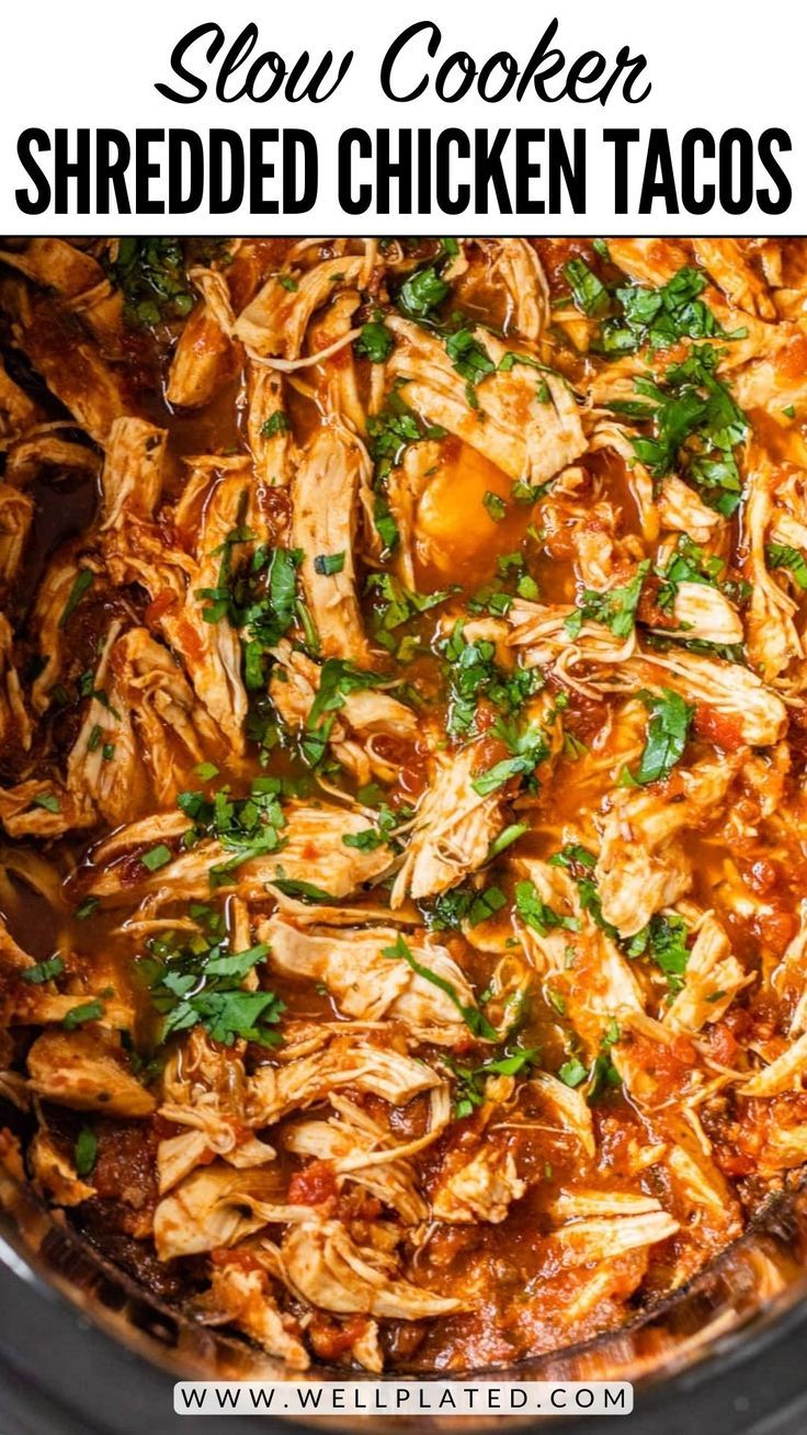 slow cooker shredded chicken tacos in a crock pot with text overlay