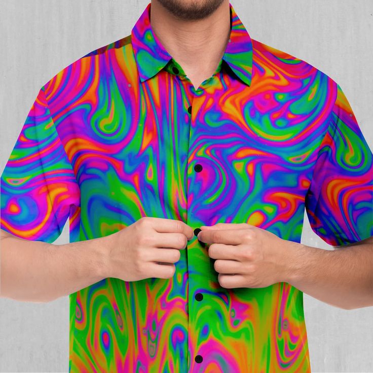 Multicolor Abstract Print Button-up Shirt, Spring Short Sleeve Camp Shirt With All Over Print, Multicolor Collared Shirt With Vibrant Print, Spring Shirt With Vibrant Print And Relaxed Fit, Multicolor Collared Hawaiian Shirt For Spring, Relaxed Fit Multicolor Patterned Shirt, Spring Multicolor Collared Hawaiian Shirt, Casual Colorful Beach Shirt, Collared Camp Shirt With All Over Print For Spring