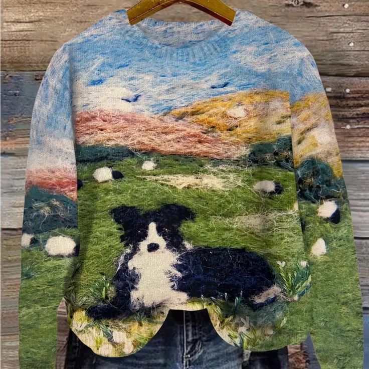 This Is Actually A Printed Sweater, Nice Lightweight, Soft Material With This Picture Ask Setting In The Rolling Hills With Sheep And Shepherd. I Am Planning To Get Many With Different Designs So Keep Your Eyes Open If You Love It! Sheep And Shepherd, Bulky Sweater, Keep Your Eyes Open, Bulky Sweaters, Plus Size Pullover, Border Collie Dog, Eyes Open, Collie Dog, Dog Sweater