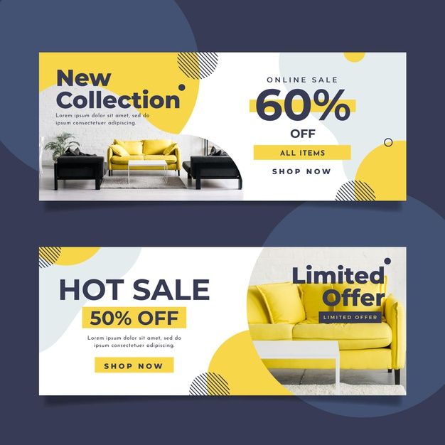 two yellow and black banners with furniture for sale on the same page, one has a couch