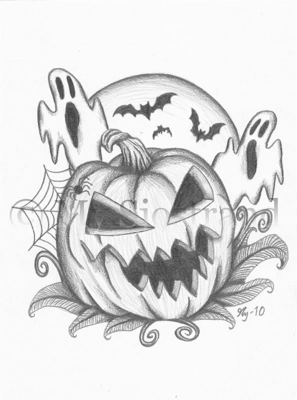 a drawing of a pumpkin with ghost faces on it