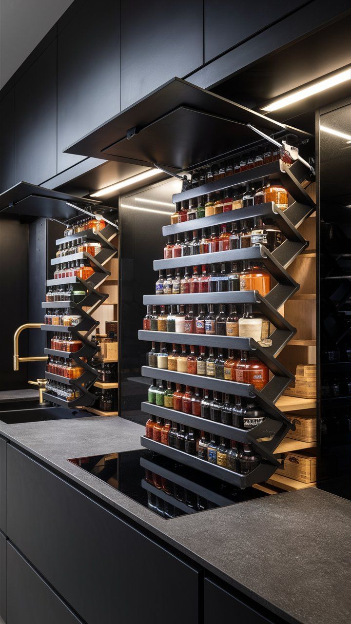 a kitchen with black cabinets and shelves filled with spices