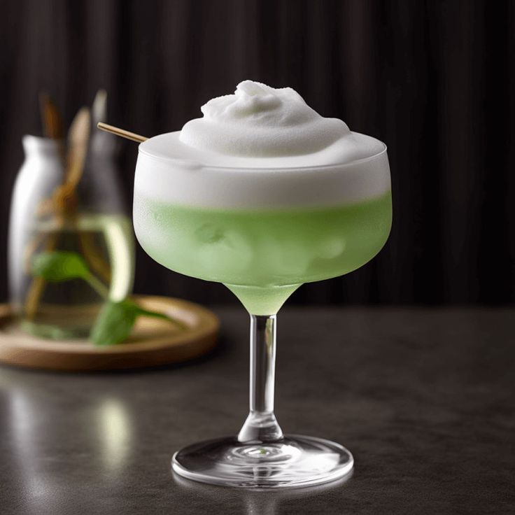 a green and white drink sitting on top of a table